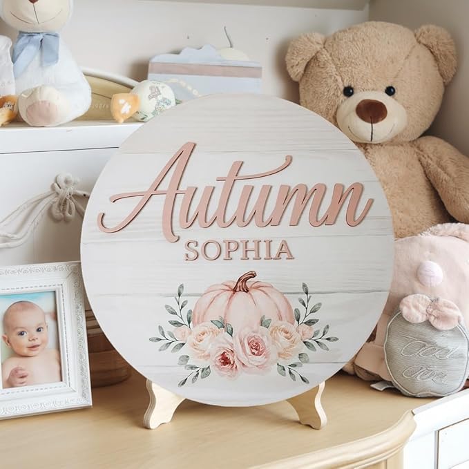 Personalized Baby Name Signs for Nursery, Pumpkin Sign for Baby Door Decor, Newborn Gifts for Girl, Girls Nursery Wall Bedroom Decorations, Mother's Day Gifts for New Mom Dad Gift