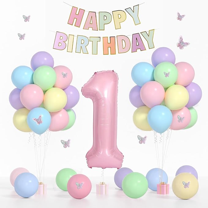 Pastel First Birthday Decorations -12 inch Pastel Balloons, 40 Inch Pink 1 Balloons, 3D Butterflies Stickers, Happy Birthday Banner For Baby Girl 1st BD Party Decorations