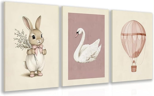 kilamino Pink Baby Girl Nursery Wall Art, Neutral Cute Rabbit and Swan Wall Decor, Vintage Hot Air Balloon Poster Prints, Pastel Bunny Animals Canvas Paintings for Baby Room Playroom Framed 16"x24"x3