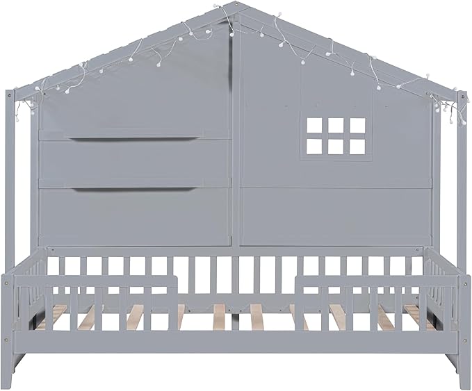 Merax Twin Size House Bed with Shelves, House Bed with Window and Sparkling Light Strip on The Roof, Grey