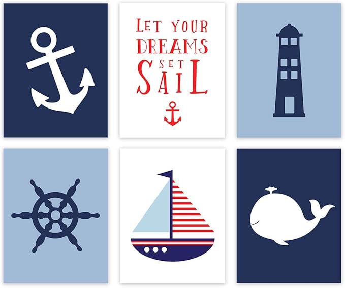 Andaz Press Ocean Nautical Sailor Theme Nursery Kids Bedroom Hanging Wall Art Decor, 8.5x11-inch, Navy Blue Theme, Boat, Anchor, Lighthouse, Whale, 6-Pack, Unframed Room Poster