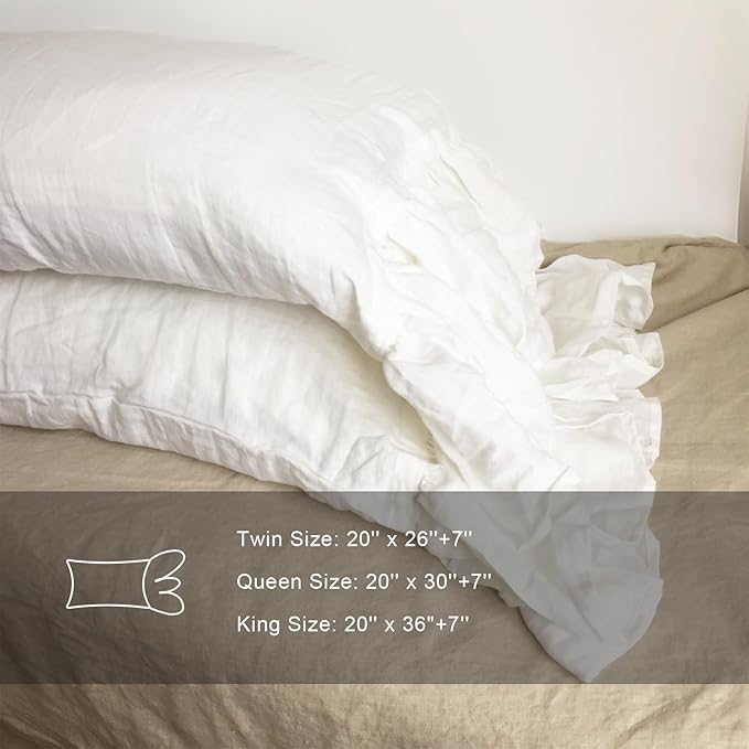 Ruffles Linen Pillowcase, Pure Flax Pillow Sham 100% French Linen Ruffled Pillow Cover, Standard, Queen, King Size 1 PCS (King, White)