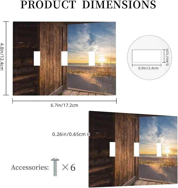 Sun Beach Grass Ocean Landscape Triple Toggle Light Switch Cover 3 Gang Wall Plate Decorative Farmhouse Western Brown Barn Door Electrical Facplate for Bathroom Kitchen Home 6.7" x 4.8"