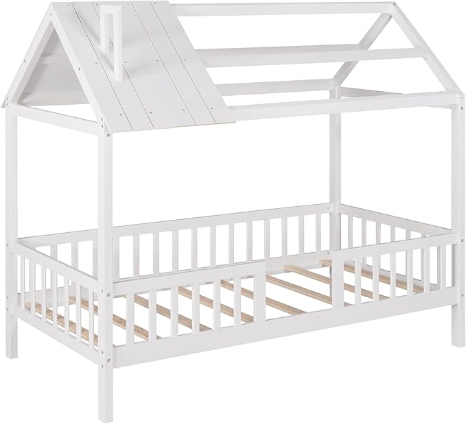 Bellemave Twin House BedFrame with Roof, Montessori Floor Bed, House Bed with Rails for Kids, White