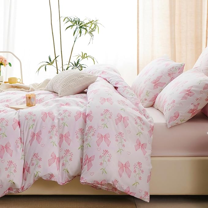 Duvet Cover Full 3Pcs Pink Floral Bow Bedding Set for Girls Kids, Romantic Princess Style Bowknot Bedding, Ultra Soft Reversible Garden Flower Duvet Cover Set(2 Pillowcases,No Comforter)