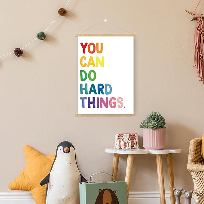 Qswo Positive Affirmations Wall Decor,You Can Do Hard Things Wall Art Poster Hanger Frame,Inspirational Hanging Canvas Wall Decor for Kids Room Nursery Classroom
