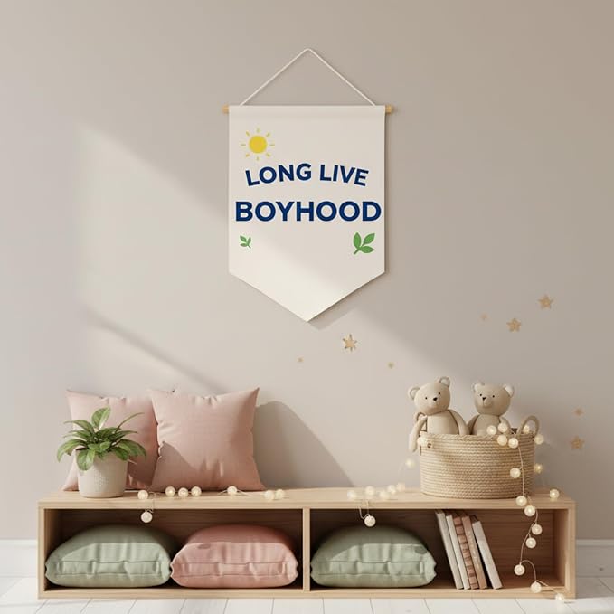 Long Live Boyhood Banner – Double Sided Day & Night Linen-Look Canvas Wall Hanging Flag for Boys Room Decor, Toddler Nursery, Kids Playroom, Bedroom Pennant
