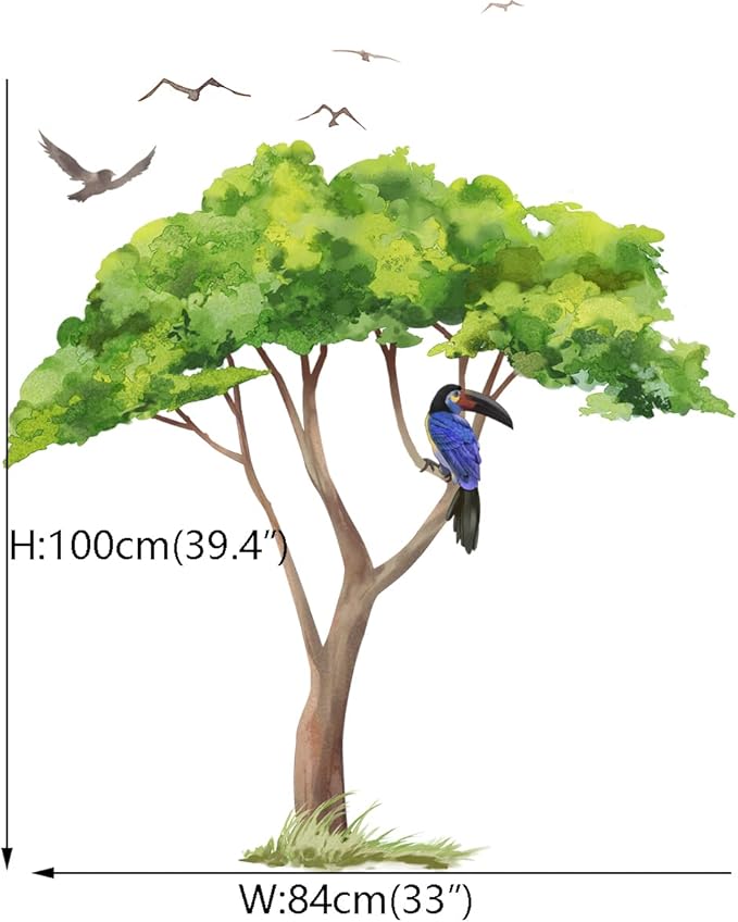 Runtoo Large Safari Tree Wall Decals Green Plant Jungle Wall Stickers Nursery Kids Bedroom Wall Art Decor