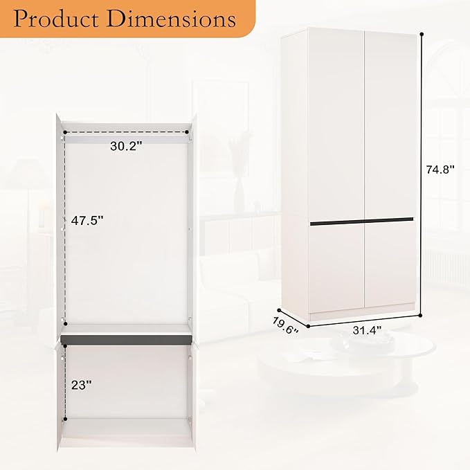 Armoire Wardrobe Closet with Drawers：75" Large White Wardrobe Closet Cabinet with 6 Doors for Hanging Clothes, Modern Wooden Bedroom Armoires with 6 Drawers and Storage (B+C+B, 94.5")