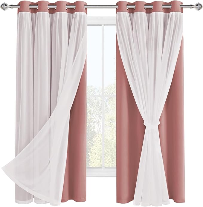 Hiasan Blackout Curtains with Sheer Overlay, Thermal Insulated Privacy Mix & Match Double Layer Window Curtains for Girls Bedroom, Living Room, 2 Drape Panels with Tiebacks,Dusty Rose, 52W X 63L