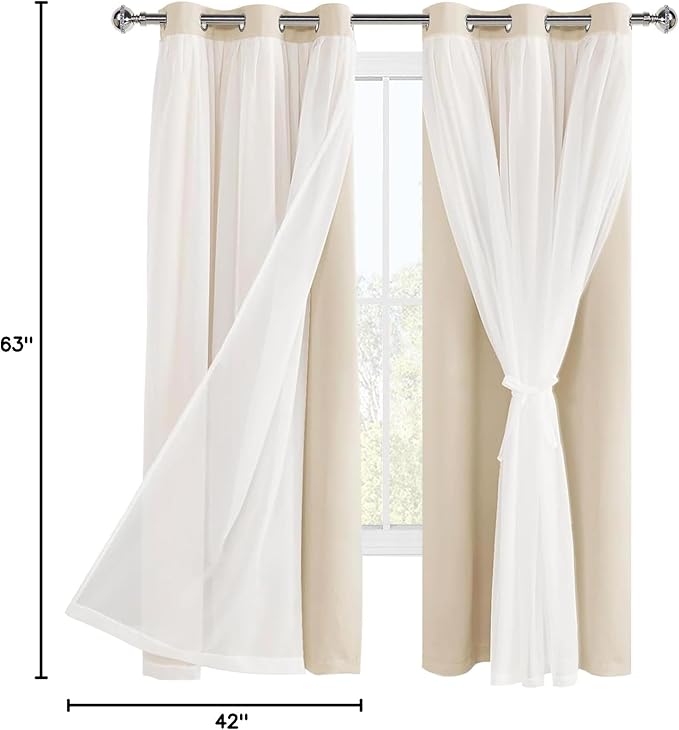 Hiasan Blackout Curtains with Sheer Overlay, Grommet Thermal Insulated Privacy Mix and Match Double Layer Window Curtains for Girls Bedroom, Living Room, 2 Drape Panels with Tiebacks, Beige, 42W X 63L