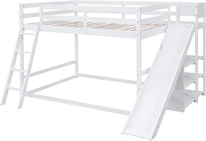 Full Over Full Bunk Bed with Ladder, Wooden Bunk Bed Frame with Slide and Shelves, Low Bunk Bed for Kids Teens Adult, Space-Saving Bedroom Dormitory Furniture (White + Pine-05)