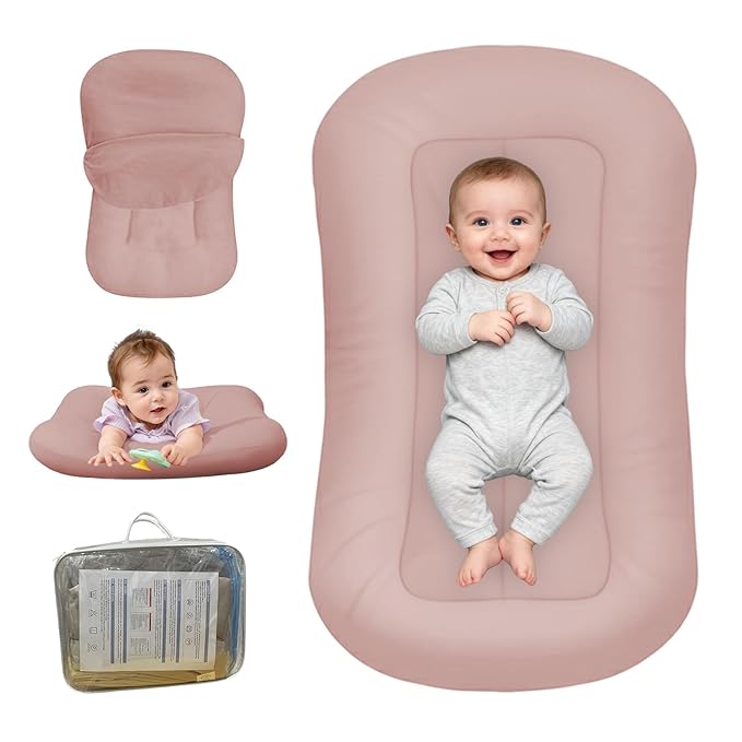 Baby Lounger for Newborn, Bionic Design Baby Lounger, Soft Organic Cotton Breathable Lounger for Infants 0-18 Months (Coral Pink)
