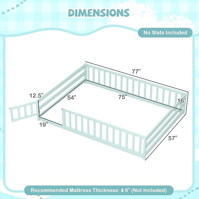 Giantex Full Floor Bed with Door & Fence, Kids Wood Montessori Beds with Safety Guardrails, Floor Bed Twin for Kids, Boys, Girls, No Box Spring Needed, Mint Sky