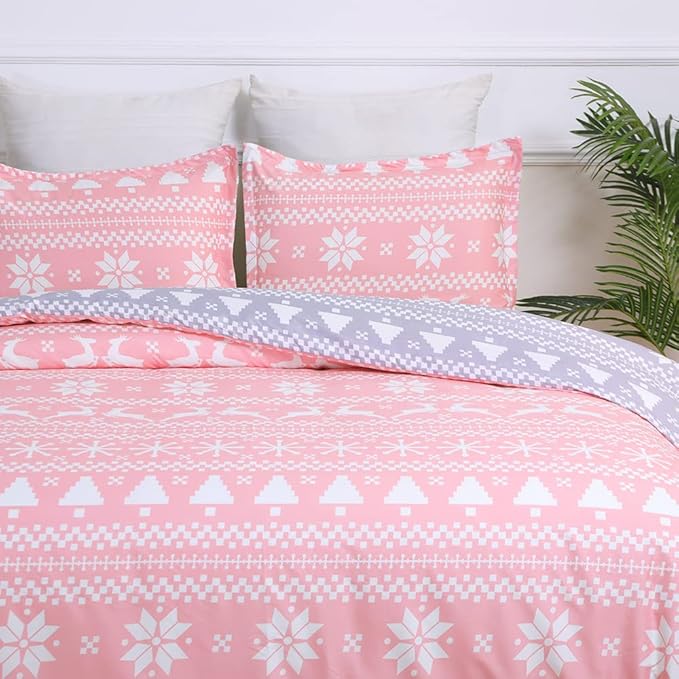 Soft Brushed Microfiber Duvet Cover Set with Zipper Closure and Corner Ties, Reversible Design for Christmas Holiday, Pink and Grey Color-Queen Size