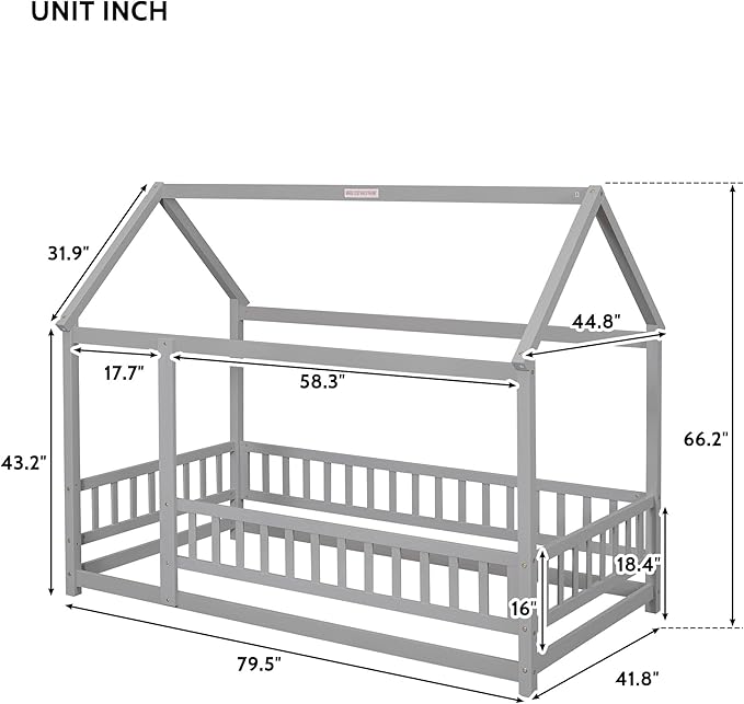 Bellemave Twin Size House Floor Bed Frame,Wooden Montessori Floor Bed with Fence for Kids,Twin Size Kids Bed,Gray
