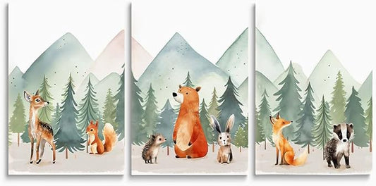 Forest Animals Mountain Adventure Nursery Decor, 3 Piece Watercolor Nusery Wall Art for Boys, Woodland Nursery Wall Decor, Baby Boy Girl Safari Room Wall Art, Framed Canvas, 12"x16"