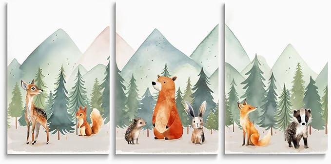 Forest Animals Mountain Adventure Nursery Decor, 3 Piece Watercolor Nusery Wall Art for Boys, Woodland Nursery Wall Decor, Baby Boy Girl Safari Room Wall Art, Framed Canvas, 16"x24"
