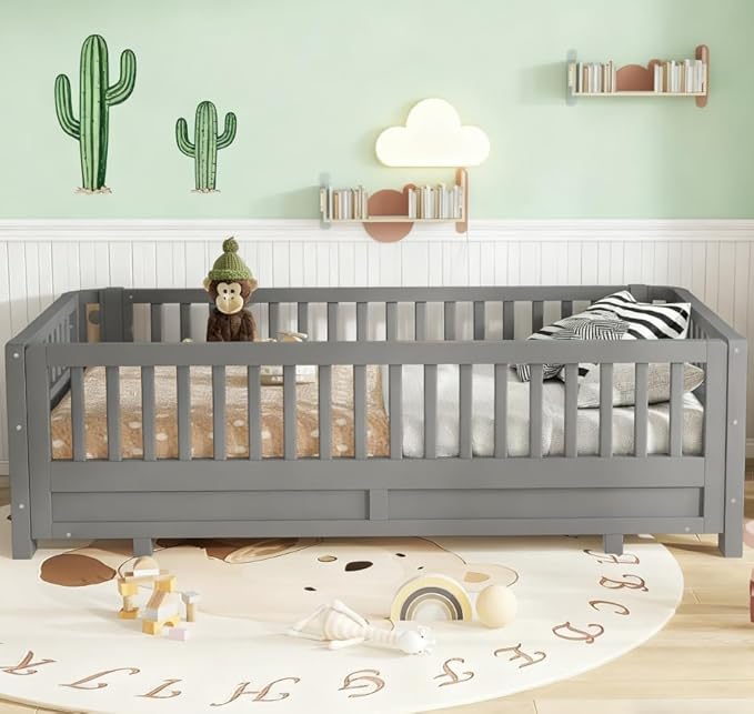 Bellemave Queen Floor Bed or Twin XL Montessori Floor beds for Kids, Twin XL Can Be Converted into a Queen Platform Bed, Gray