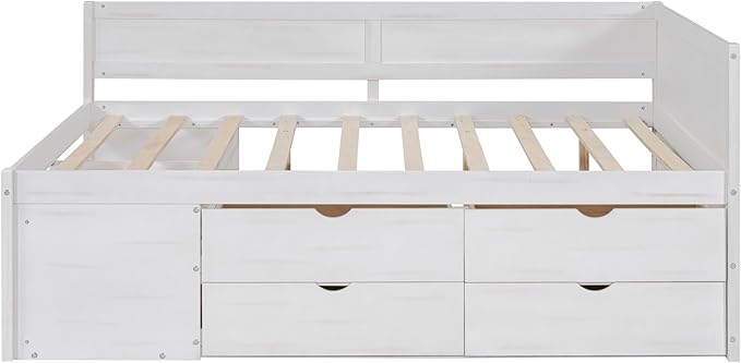 Full Size Daybed with 4 Storage Drawers and Shelves, Wooden Full Platform Bed Frame with L-Shaped Headboard and Slats Support, Corner Bed Full Captain Beds for Kids Boys Girls Teens, White