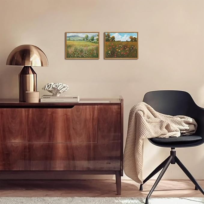 OIQArtOIQ Vintage Landscape Framed Wall Art Spring Countryside Colorful Wildflower Field Canvas Art Prints Farmhouse Cottagecore Pictures Wall Decor Rustic Meadow Paintings Artwork For Kitchen Bedroom