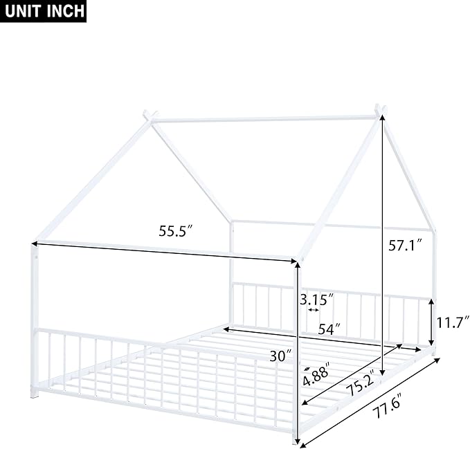 Full Size House Shaped Montessori Platform Beds, Wood Floor Bed Frame with Roof and Fence Deisgn, Kids Double Toddler Bed for Children Boys Girls, Easy Assemble, No Box Spring Needed, White