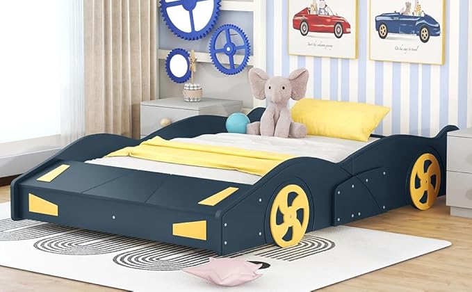Harper & Bright Designs Full Size Race Car-Shaped Platform Bed with Wheels and Storage, Dark Blue+Yellow
