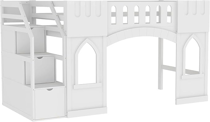 Playhouse Design Twin Size Loft Bed with Storage Staircase and Windows, Solid Wood Loft Bed Frame with Safety Guardrail for Kids Teens Boys Girls, Space-Saving (White-3)