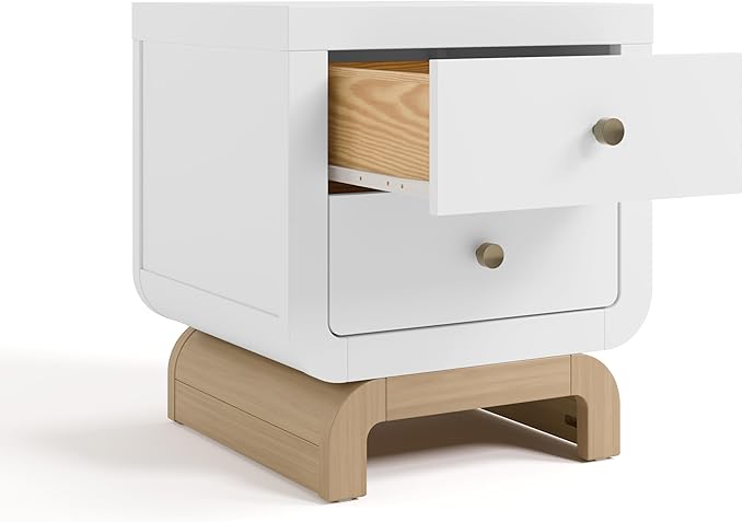Storkcraft Santorini 2 Drawer Nightstand (White & Driftwood) - GREENGUARD Gold Certified Nightstand for Kids Bedroom, Premium Wood with Curved Base, “Champagne” Metal Knobs