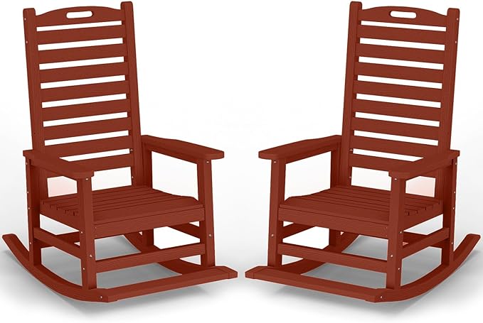 Outdoor Rocking Chair Set of 2 with Removable Footboard for Adults, HDPE High Back Patio Rocking Chairs, 330lbs All Weather Porch Rocking Chairs for Outdoor & Indoor -Reddish Brown