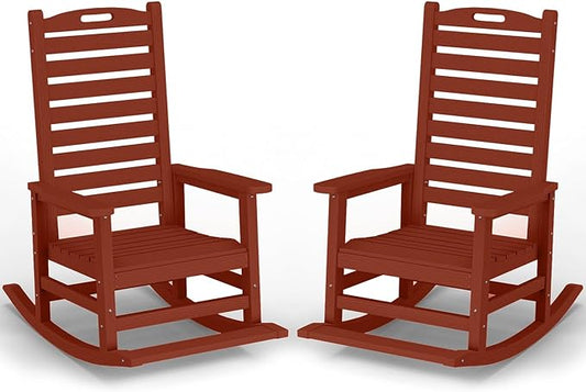 Outdoor Rocking Chair Set of 2 with Removable Footboard for Adults, HDPE High Back Patio Rocking Chairs, 330lbs All Weather Porch Rocking Chairs for Outdoor & Indoor -Reddish Brown