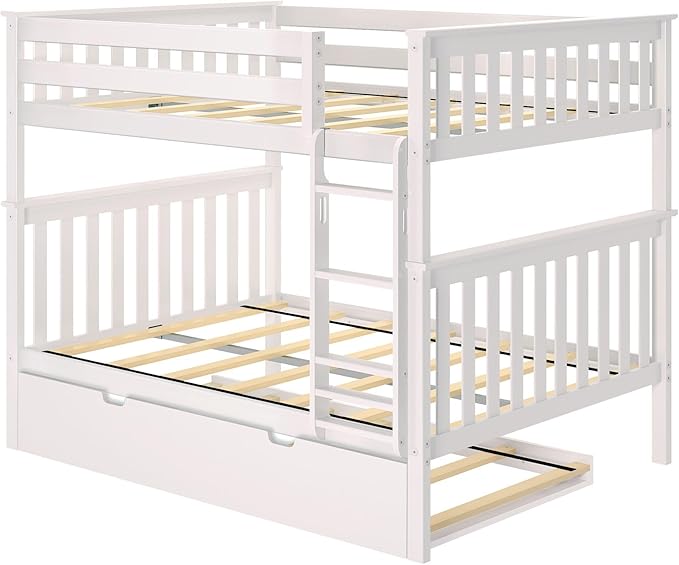 Max & Lily Bunk Bed, Full-Over-Full Wood Bed Frame For Kids With Trundle, White