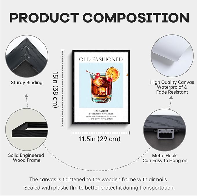 Old Fashioned Cocktail Wall Art, classic bourbon recipe list, kitchen bar wall decor, matte finish framed canvas print, cocktail bar poster, for kitchen home bar housewarming gift, 12x15 inch