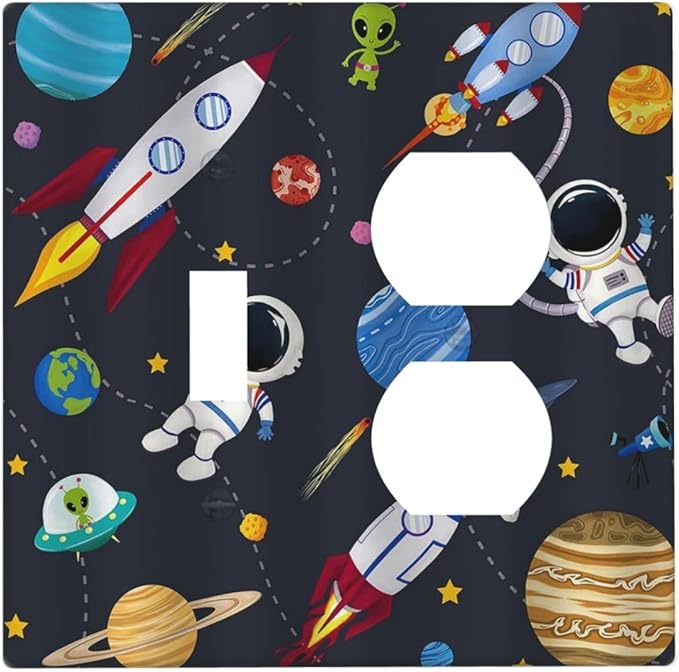 Outlet Covers Tropical Plant Green Palmrocket Planets Astronaut Blue Decorative 2 Gang Combin 1 Toggle/1 Duplex Light Switch Cover Gfci Wall Plate Electrical Receptacle Switchplate Decor