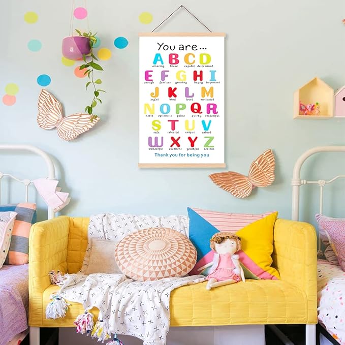 KAIRNE Colorful ABC Alphabet Art Print with Wood Magnetic Poster Hanger Frame, 35X56CM You are Amazing Positive Affirmation Words Canvas Wall Art for Home School Classroom Room Decor