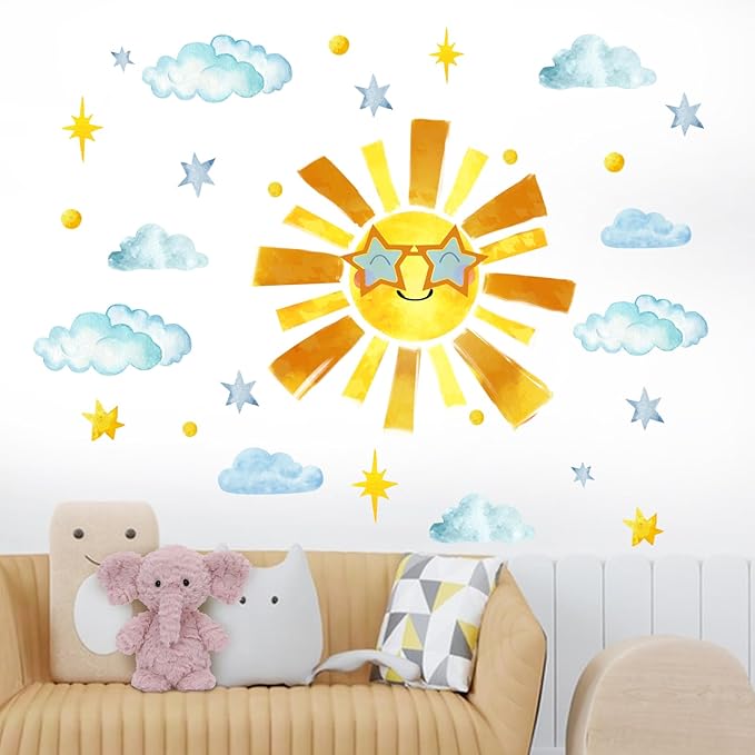 Mfault Sun Sunshine Wall Decals Stickers, Cute Watercolor Cloud Stars Nursery Decorations Kids Bedroom Art, Neutral Toddlers Room Playroom Decor