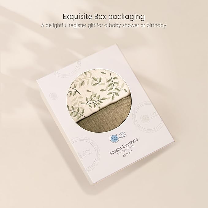 lulumoon Baby Muslin Blanket Neutral: Skin-Friendly Leaf Toddler Blanket - Ideal for Stroller 47"× 47" (Olive Branches)