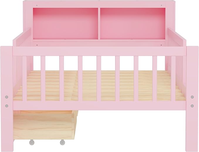 Wood Twin Size Platform Bed with Safety Fence for Kids Boys Girls, Platform Bed Frame with Practical Headboard and 2 Under-Bed Drawers, Sturdy Slats Support (Pink-3.15)