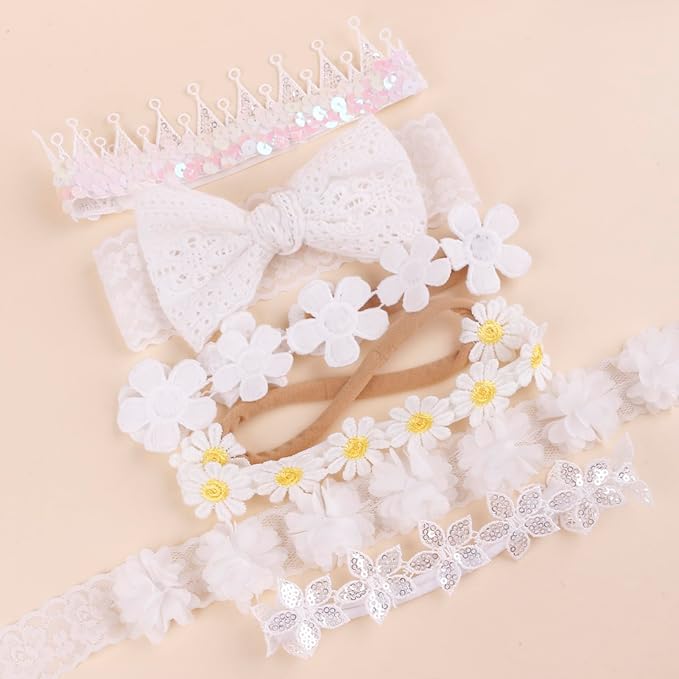 cherrboll Baby Flower Bows Headbands 6pcs Floral Hair Wraps Nylon Hairbands Crown Newborn Infant Toddler Hair Accessories