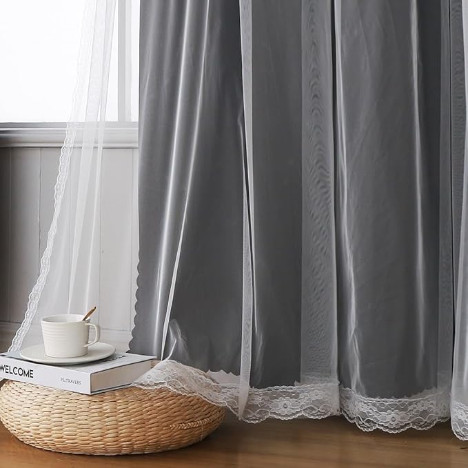 Blackout Curtains with Sheer Overlay - Cute Star Cutout Black Curtain for Teen Girl Bedroom Decor, 90 Inches Long 2 Panels, Aesthetic Double Layer Living Room Nursery Drapes