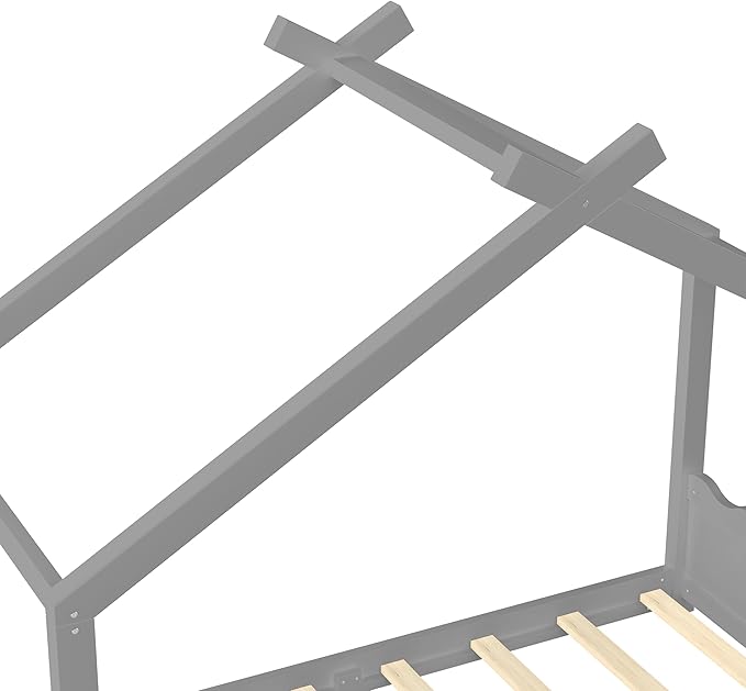 Twin Size Wooden House Floor Bed - Kids Bed Frame with Roof & Support Slats for Bedroom, No Box Spring Needed, Easy Assembly (Grey)