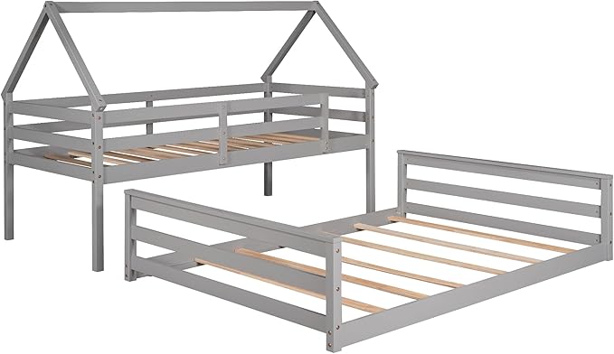 MERITLINE House Shaped Bunk Bed Twin Over Full Size Wood Bunk Bed Frame Low Bunk Beds for Kids, Twin Over Full,Grey