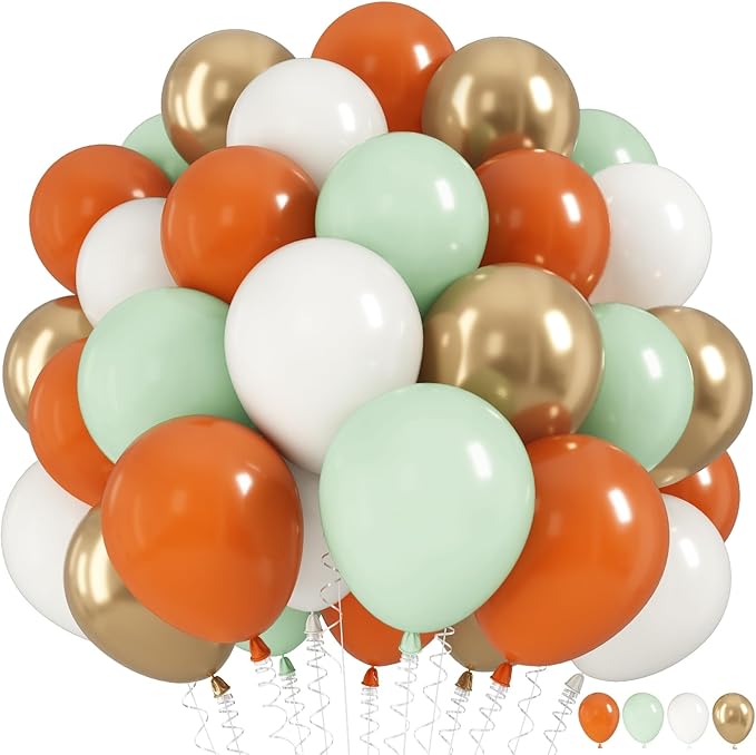 Fall Balloons Set, 12 Inch Thanksgiving Balloons, Retro Burnt Terracotta Rust Orange Dusty Sage Mint Green White Metallic Gold Latex Balloon for Thanksgiving Autumn Harvest Fall Birthday Decorations