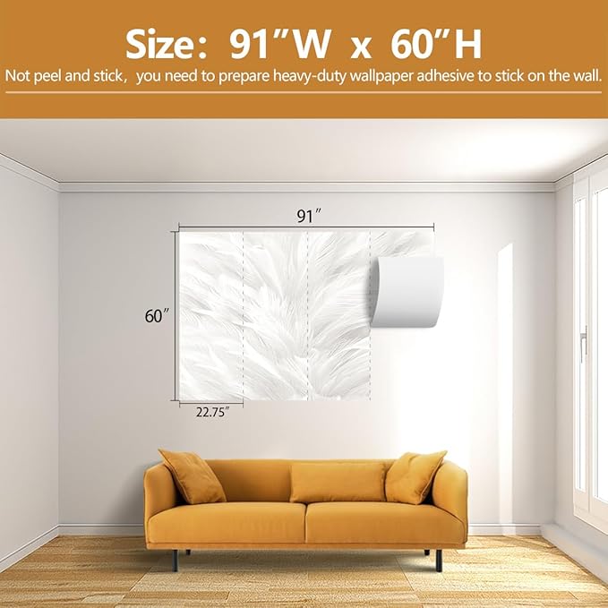 Feather Wallpaper Mural Elegant Gray and White Mural Wallpaper for Living Room Bedroom （Not Peel and Stick）