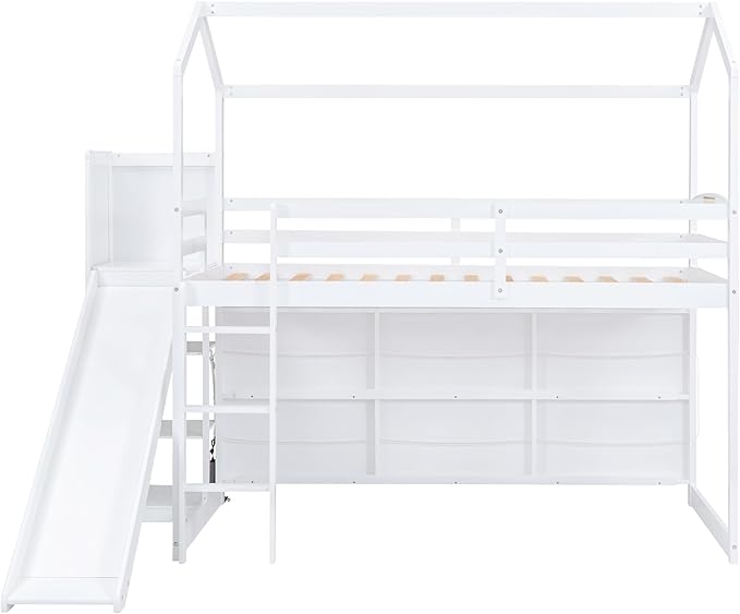 Flieks Twin Size Wood House Loft Bed Frame for Boys Girls Kids Adults Toddler with Slide, Storage Shelves and Light, White