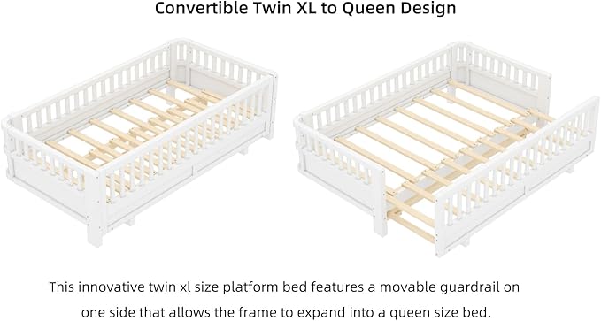 KEIKI Solid Wood Expandable Twin XL Size Floor Bed for Kids with Guardrails, Can Be Converted into a Queen Bed Platform, Montessori Low Profile Bedframe Daybed for Girls Boys, No Box Spring Needed