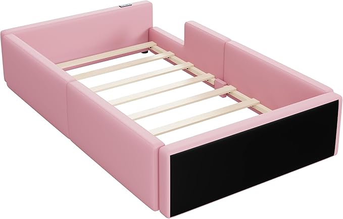 Twin Size Upholstered Platform Bed with Safety Guardrail, Montessori Kids Floor Bed, Child Grounded Bed with Charging Station and Sturdy Slats Support