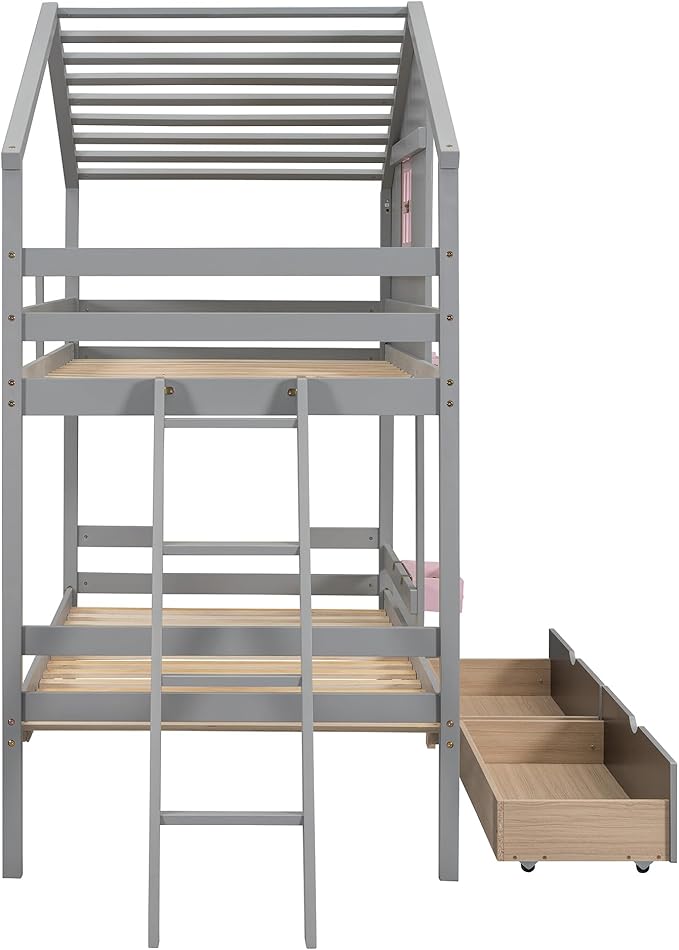 MERITLINE Twin Over Twin House Bunk Bed with Storage Drawers and Storage Box, Solid Wood Bunk Bed with Ladder,Shelf and Roof (Grey)