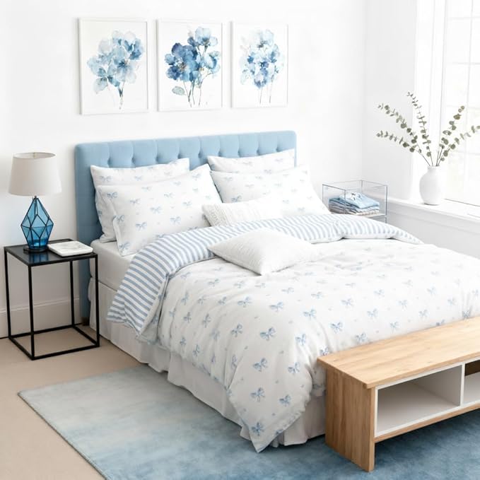 Bow Duvet Cover Queen Size Blue Striped On White Bedding Set 3 Pieces Cute Heart Printed Stripe Reversible Princess Style Soft Breathable Microfiber Duvet Cover Set with Zipper Closure