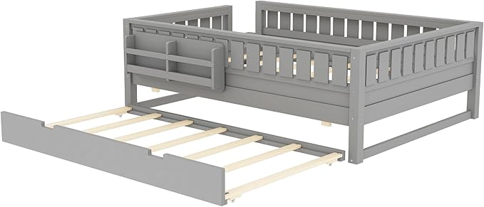 Bellemave Full Size Kids Bed with high Rails and with Built-in Bookshelf and Trundle for Kids, Girls, Boys, Wood Montessori Bed Without Door, Gray